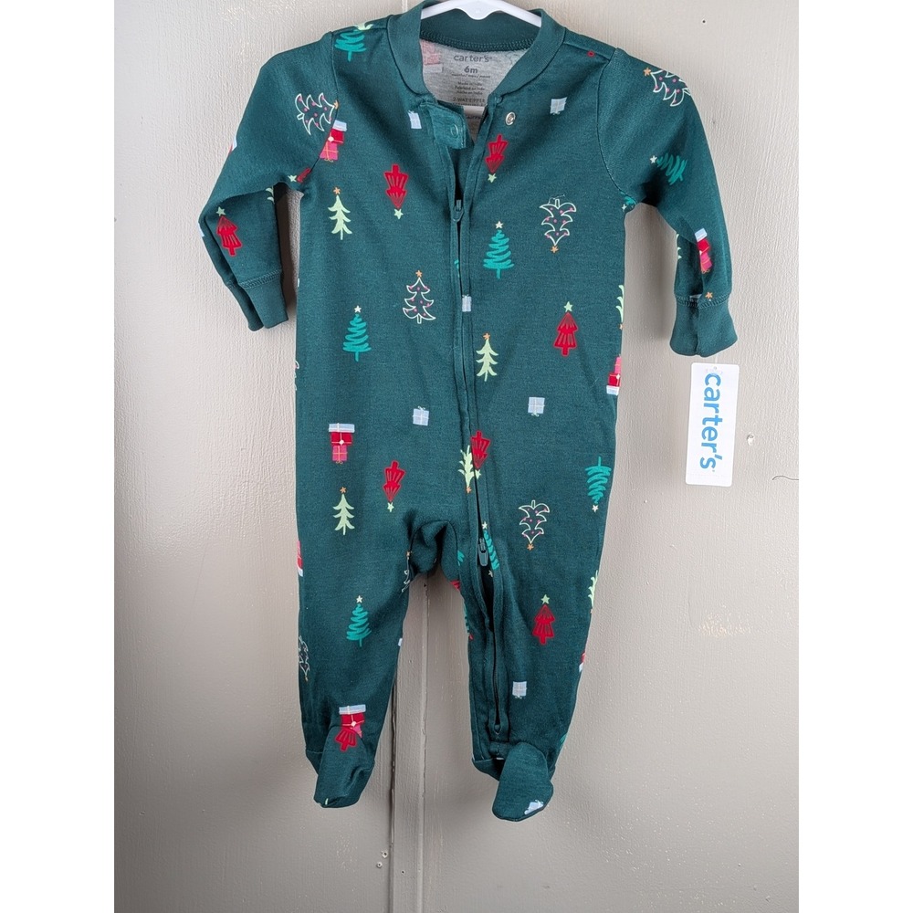 Carter's Baby 6M Christmas Tree Present 2-Way Zip Footed Sleeper Green